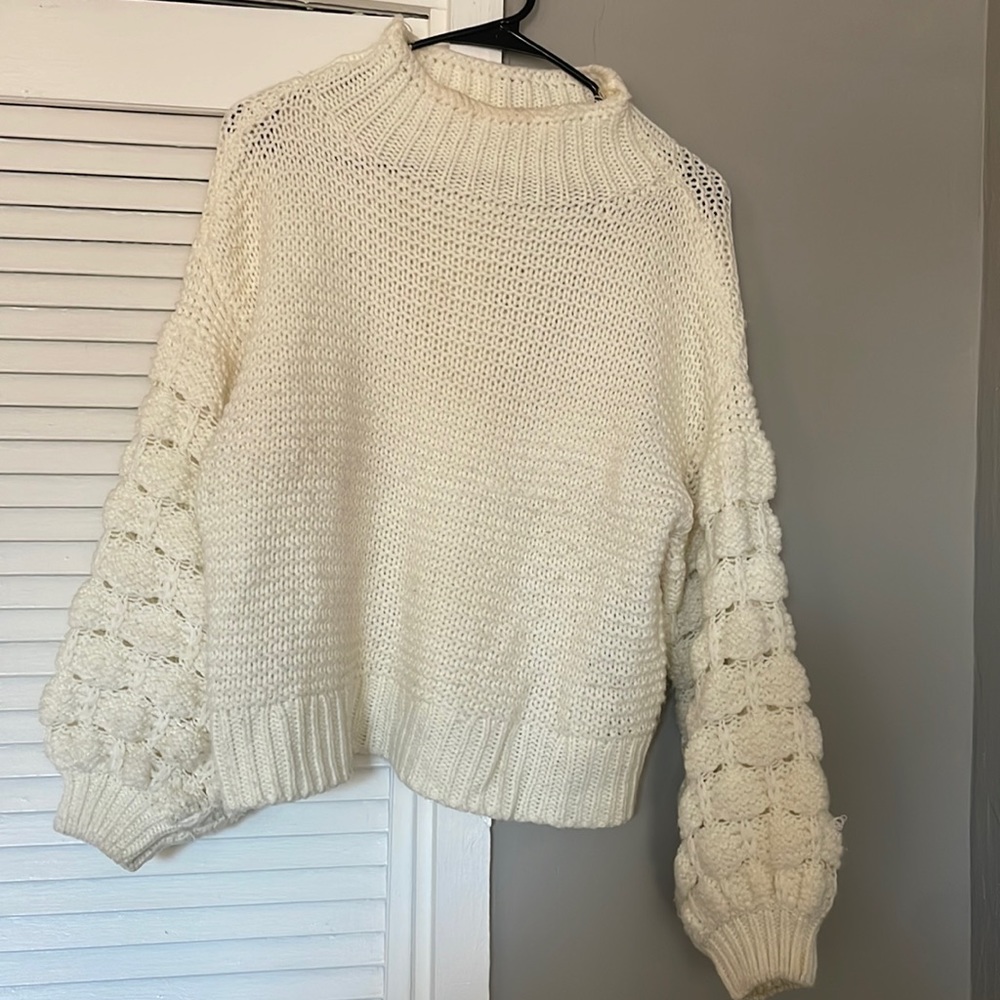White puff-sleeve sweater